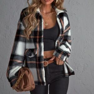 New Cozy White Black Plaid Boyfriend Jacket Oversized Shacket